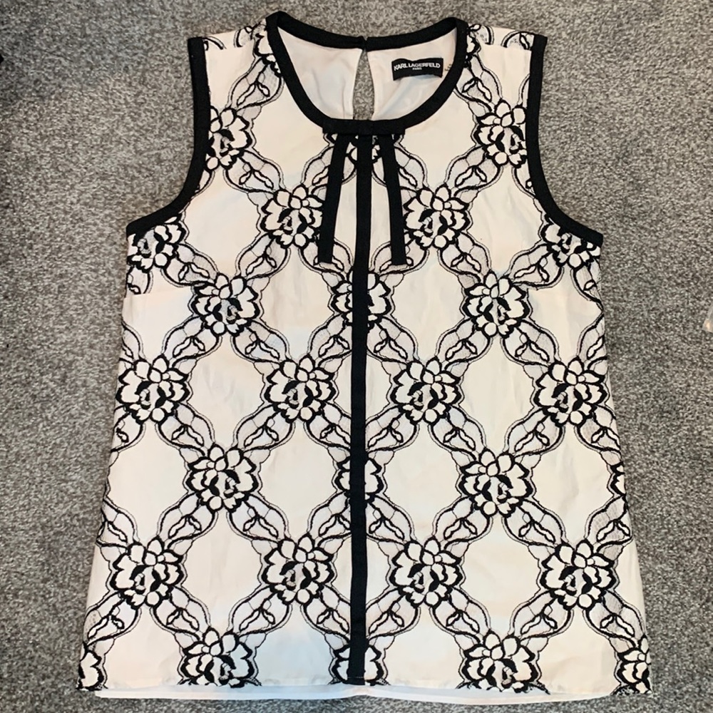 White with black floral lace sleeveless top Karl Lagerfeld Medium